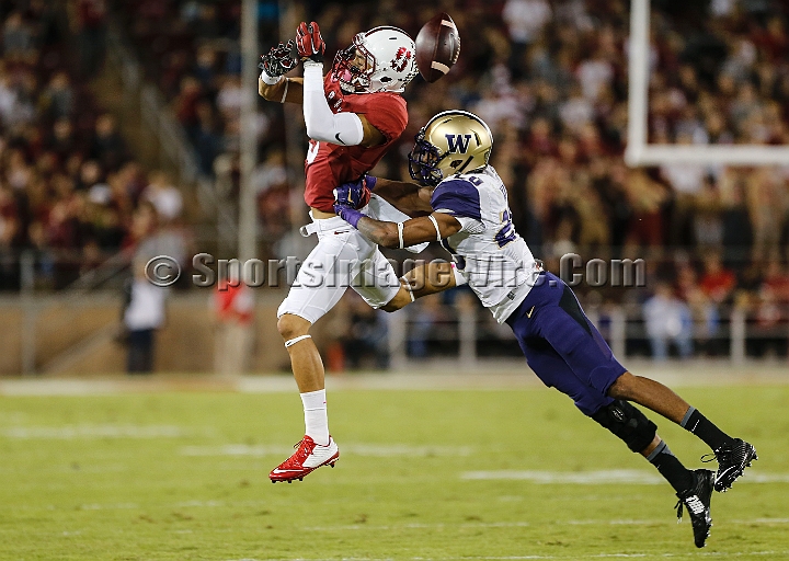 2015StanWash-043.JPG - Oct 24, 2015; Stanford, CA, USA; Washington Huskies defensive back Kevin King (20) breaks up a pass intended for  Stanford Cardinal wide receiver Michael Rector (3) in the first quarter at Stanford Stadium. Stanford beat Washington 31-14.